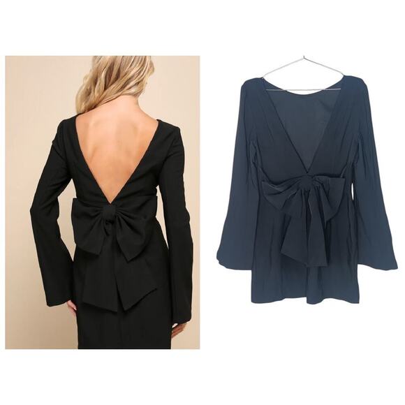 New without Tags Lulus Black Bow Long Sleeve Backless Mini Dress SZ L - Picture 1 of 15